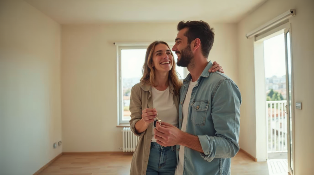 זוג צעיר מחזיק מפתחות בדירה ריקה וחדשה, רוכשי דירה ראשונה
